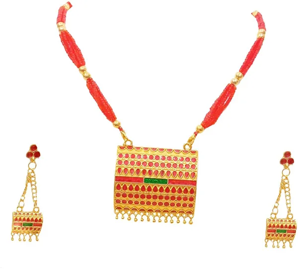 Assamese_Traditional_Gold_Plated_Red_Green_Colour_Tassel_Jewellery_Set_For_Women